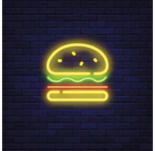 Enseigne au néon d''un hamburger devant un mur de briques