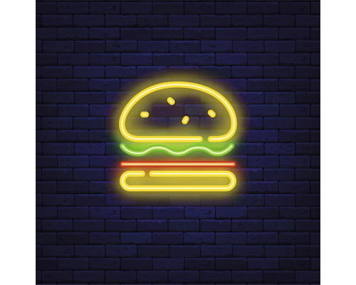 Tableau sur toile Neon Hamburger 27x27 cm Enseigne au néon d''un hamburger devant un mur de briques