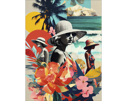 Illustration mit floralen Elementen und Frauenfiguren, die Hüte tragen