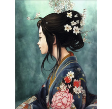 Illustration einer Frau im Kimono mit Blumen im Haar