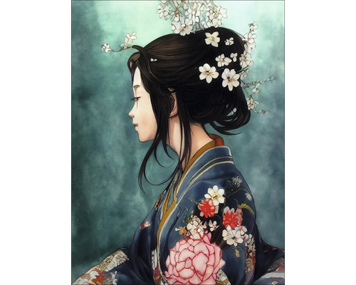 Leinwandbild Geisha I 84x116 cm Illustration einer Frau im Kimono mit Blumen im Haar