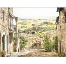 Gemälde einer italienischen Landschaft mit Steinhäusern und sanften Hügeln