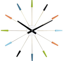 Wanduhr mit Stabdesign und farbigen Markierungen