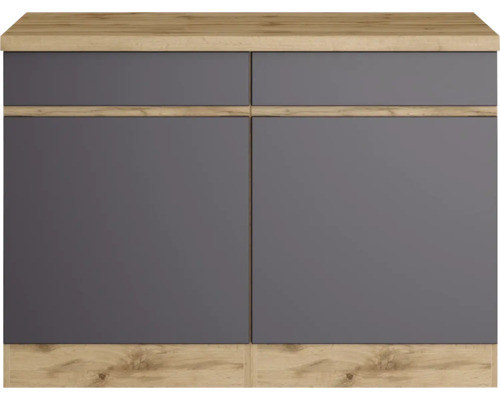 Meuble bas gris avec deux tiroirs et deux portes