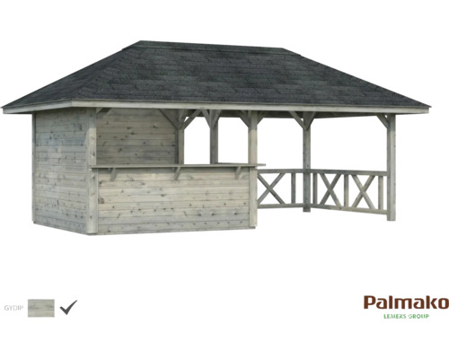 Pavillon Palmako Bianca 16,6 m² Set 3 588 x 300 cm imprégné par immersion gris Pavillon en bois avec toit et comptoir de bar pour le jardin