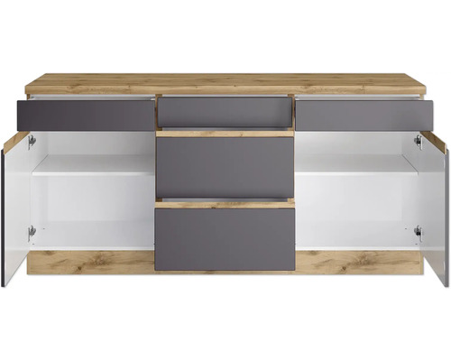 Buffet avec tiroirs et portes ouvertes