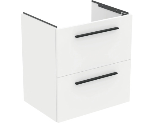 Meuble sous-lavabo blanc avec deux tiroirs et poignées noires