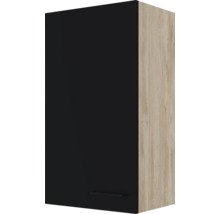 Hängeschrank mit schwarzer Tür und Holzstruktur