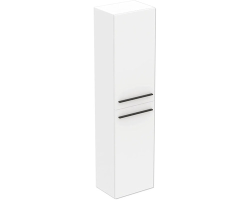 Armoire haute de salle de bain blanche avec deux portes et poignées