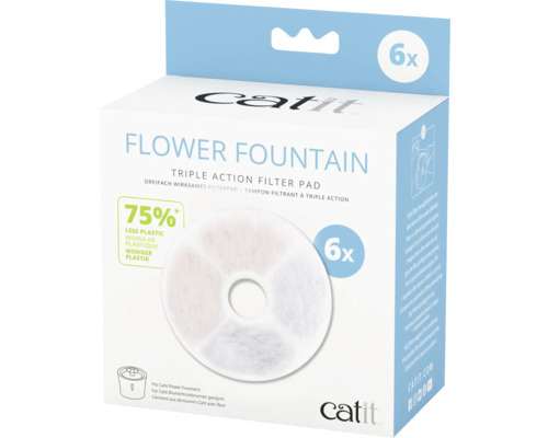 Filtre de rechange catit Triple Action filtre sans cadre, 3 en 1 filtre en charbon actif, coton, résine échangeuse d'ions, lot de 6 pour fontaine à eau avec fleur de catit