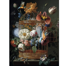 Stillleben mit Blumen, Vogelkäfig und Vögeln