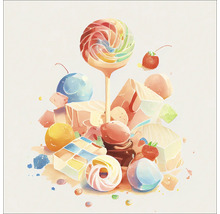 Illustration de diverses confiseries telles que des sucettes et des bonbons.