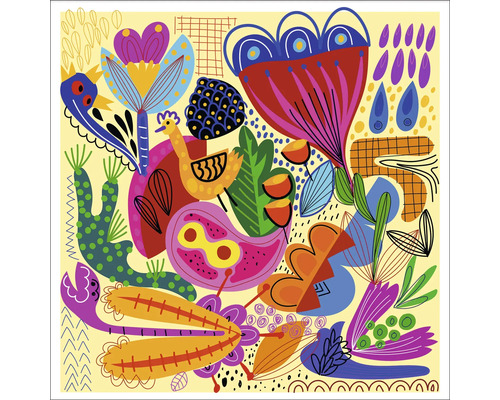 Illustration abstraite avec des fleurs, un animal et des formes géométriques