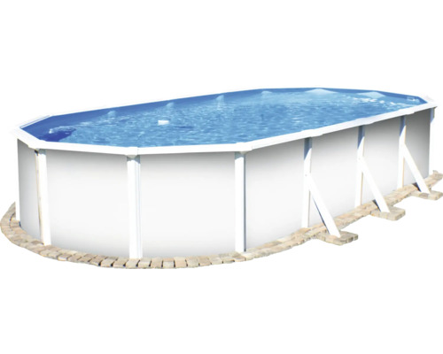 Ensemble de piscine hors sol à paroi en acier Planet Pool Vision-Pool Classic ovale 730x360x120 cm avec groupe de filtration à sable, échelle, skimmer intégré, sable de filtration et flexible de raccordement blanc