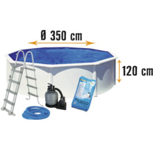 Piscine hors sol kit de piscine à paroi en acier ronde 350 x 120 cm blanc, skimmer inclus avec buse d'arrivée, système de filtration, flexible de raccordement, sable de filtration et échelle-thumb-0