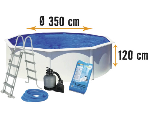 Piscine hors sol kit de piscine à paroi en acier ronde 350 x 120 cm blanc, skimmer inclus avec buse d'arrivée, système de filtration, flexible de raccordement, sable de filtration et échelle-0