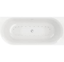Oval geformte Badewanne mit Düsen und Abfluss in der Mitte von oben