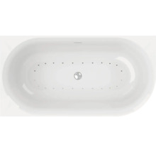 Draufsicht auf eine ovale Badewanne mit Düsen und Abfluss