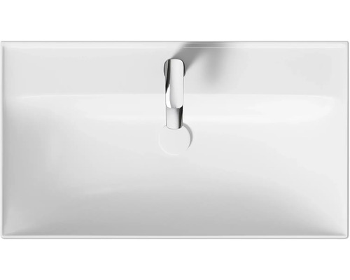 Waschbecken aus Sanitärkeramik mit Armatur von oben