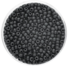 Matte schwarze Rocaillesperlen in einer transparenten Dose