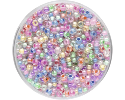 Mélange de rocailles avec insert coloré 2,6 mm 17 g Vue de dessus d''une boîte de perles de rocaille de différentes couleurs
