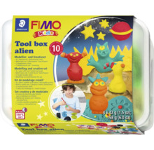 Fimo Kids Tool Box Alien, set de pâte à modeler avec quatre pâtes à modeler, rouleau à motifs, moules pliants et bâton de modelage
