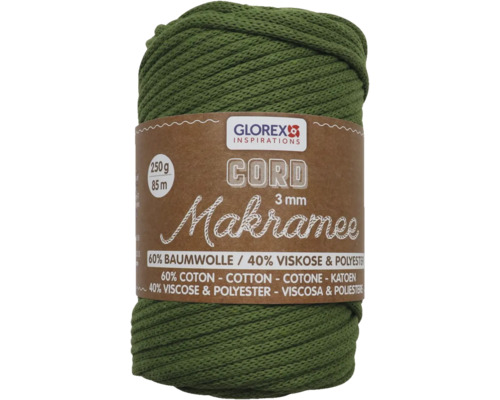 Corde pour macramé 3 mm 250 g 63 m tissée olive Bobine de fil macramé, 3 millimètres, 250 grammes, en coton, viscose et polyester
