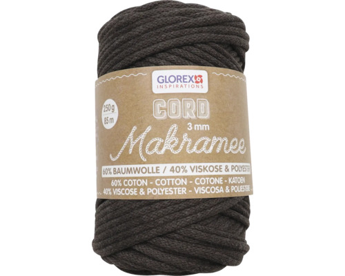 Corde pour macramé 3 mm 250 g 63 m tissée marron Fil de macramé, 3 mm, en coton, viscose et polyester