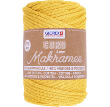 Gelbe Makramee-Kordel, 3 mm dick, 250 g Rolle, 60 % Baumwolle, 40 % Viskose und Polyester.