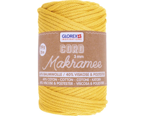 Corde pour macramé 3 mm 250g 63 m tissée jaune moutarde Cordon de macramé jaune, 3 mm d''épaisseur, bobine de 250 g, 60 % coton, 40 % viscose et polyester.
