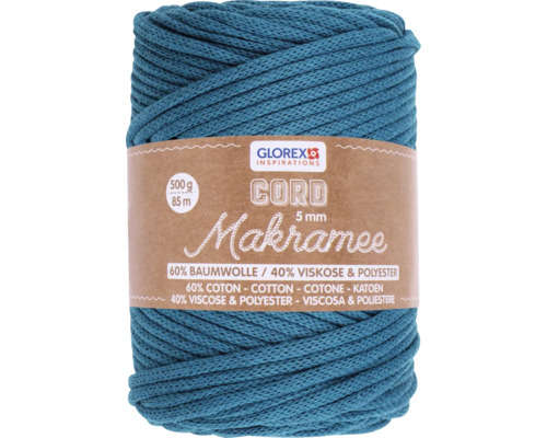 Corde pour macramé 5 mm 500 g 85 m tissée turquoise Pelote de fil macramé, 5 mm d''épaisseur, 60 % coton, 40 % viscose et polyester