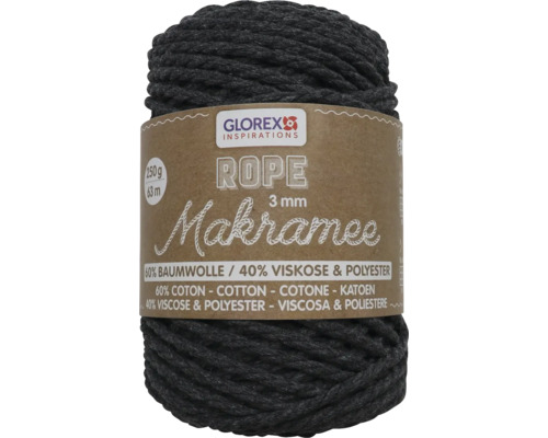 Makramee Rope 3 mm 250 g 63 m dreifädig gedreht anthrazit Glorex Makramee Garn, 3 mm dick, 250 g Rolle aus 60 % Baumwolle und 40 % Viskose und Polyester