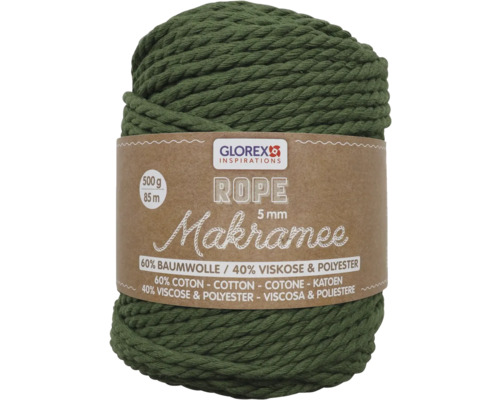 Makramee Rope 5 mm 500 g 85 m dreifädig gedreht olive Glorex Makramee Garn, 5 mm, 500 g, aus Baumwolle, Viskose und Polyester