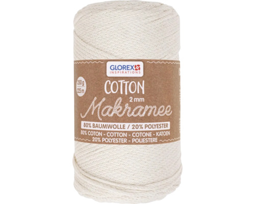 Coton pour macramé 2 mm 250 g 225 m tissé crème Fil de macramé en coton Glorex, 2 millimètres de diamètre, 250 grammes
