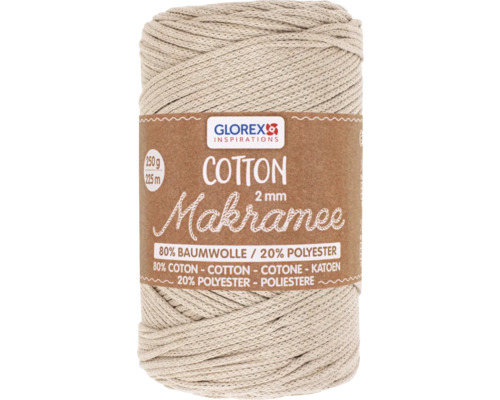 Coton pour macramé 2 mm 250 g 225 m tissé taupe Fil macramé Glorex 2 mm, 250 g, composé à 80 % de coton et à 20 % de polyester