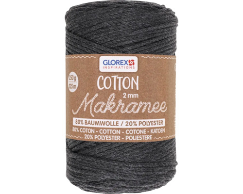 Coton pour macramé 2 mm 250 g 225 m tissé anthracite Fil de macramé gris composé de 80 % de coton et de 20 % de polyester