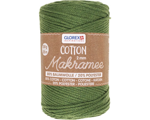 Coton pour macramé 2 mm 250 g 225 m tissé olive Fil de macramé en coton Glorex, 2 mm, 250 g