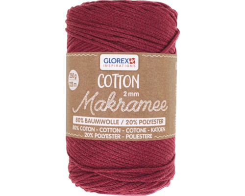 Coton pour macramé 2 mm 250 g 225 m tissé bordeaux Fil macramé Glorex en coton et polyester, 2 millimètres d''épaisseur