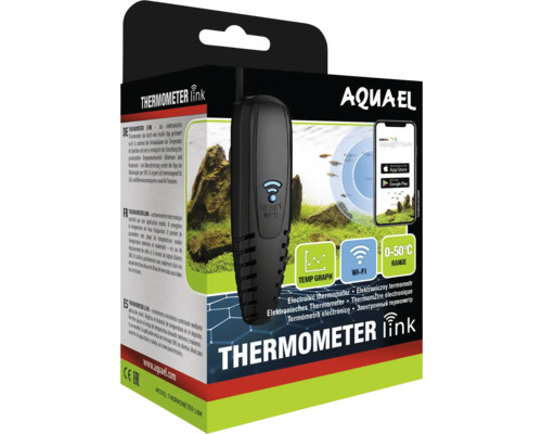 Thermomètre AQUAEL Thermometer Link, avec commande via l'appli, peut enregistrer des données, fonctionne en WiFi pour aquariums d'eau douce, d'eau de mer et terrariums, noir, env. 12 x 5 x 2,5 cm
