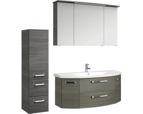 Meuble de salle de bains 4 pièces Pelipal xpressline 4010 150,5 x 200 x 48 cm façade graphite structuré transversalement décor bois avec vasque en céramique blanc avec lavabo céramique sous-vasque armoire de toilette lumineuse 4010.1200111190