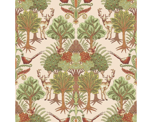 Papier peint intissé TP422303 Tapestry forêt et animaux cuivre vert Motif décoratif avec arbres, cerfs et faisans