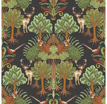 Tapete mit Waldmuster mit Bäumen, Hirschen, Eichhörnchen und Fasanen