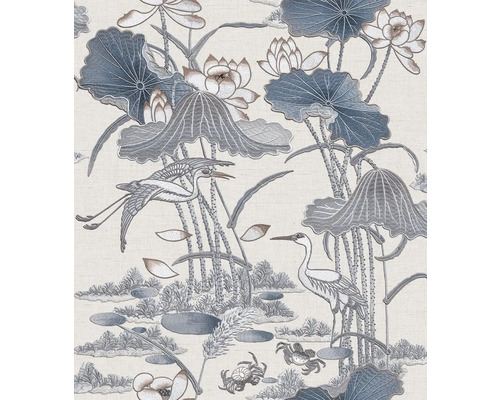 Vliestapete TP422702 Tapestry Seerosen grau blau braun Tapete mit Seerosen, Reihern und Krabben Motiv