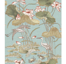 Papier peint avec des grues, des nénuphars et des feuilles de nénuphar
