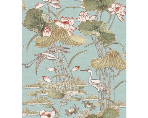 Vliestapete TP422704 Tapestry Seerosen grau grün rot Tapete mit Kranichen, Seerosen und Seerosenblättern
