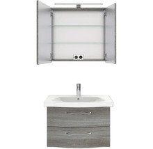 Waschtischunterschrank mit Waschbecken und Spiegelschrank mit Regalböden und Steckdosen für das Badezimmer