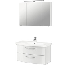 Badezimmer Waschbeckenunterschrank mit zwei Schubladen, Waschtisch und Spiegelschrank mit drei Türen und Lampe