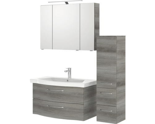 Badezimmerset mit Waschtischunterschrank, Spiegelschrank und Hochschrank