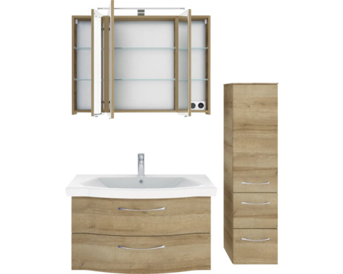 Badezimmer-Set mit Waschtisch, Spiegelschrank und Hochschrank im Holzdesign