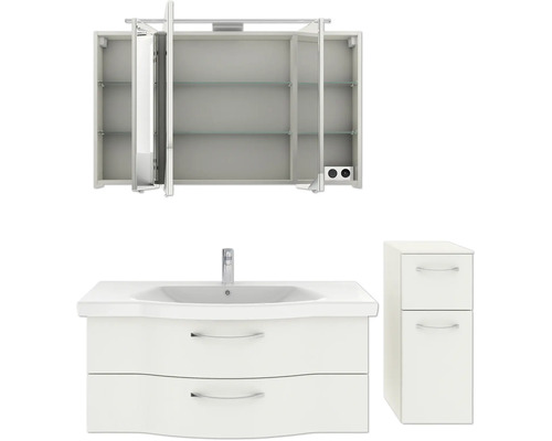 Badezimmerset mit Spiegelschrank, Waschbeckenunterschrank und Seitenschrank für eine helle und organisierte Badezimmergestaltung
